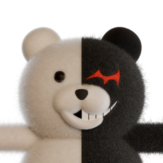 A close-up of furry Monokuma smiling, with a white left half, black right half and red jagged eye.