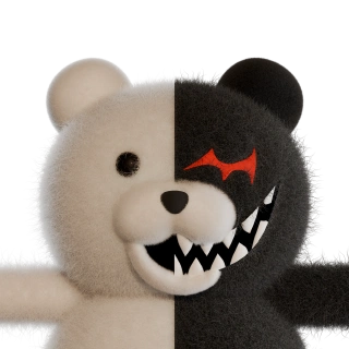 A close-up of furry Monokuma with a wide, sharp-toothed grin.